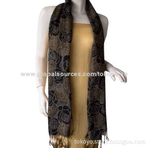 Jacquard scarf with hibiscus pattern, 180*70+8cm tassels, mode of cotton and wool
